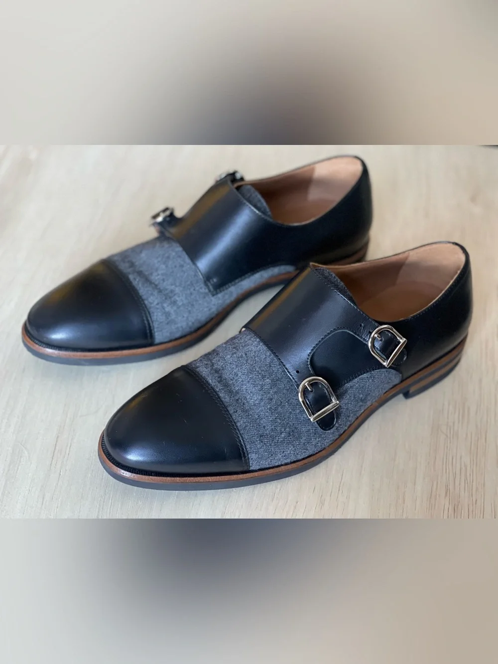 TAFT Double Monk Strap Leather & Wool Dress Shoes Men’s EU 40 / US 7 Gray Black